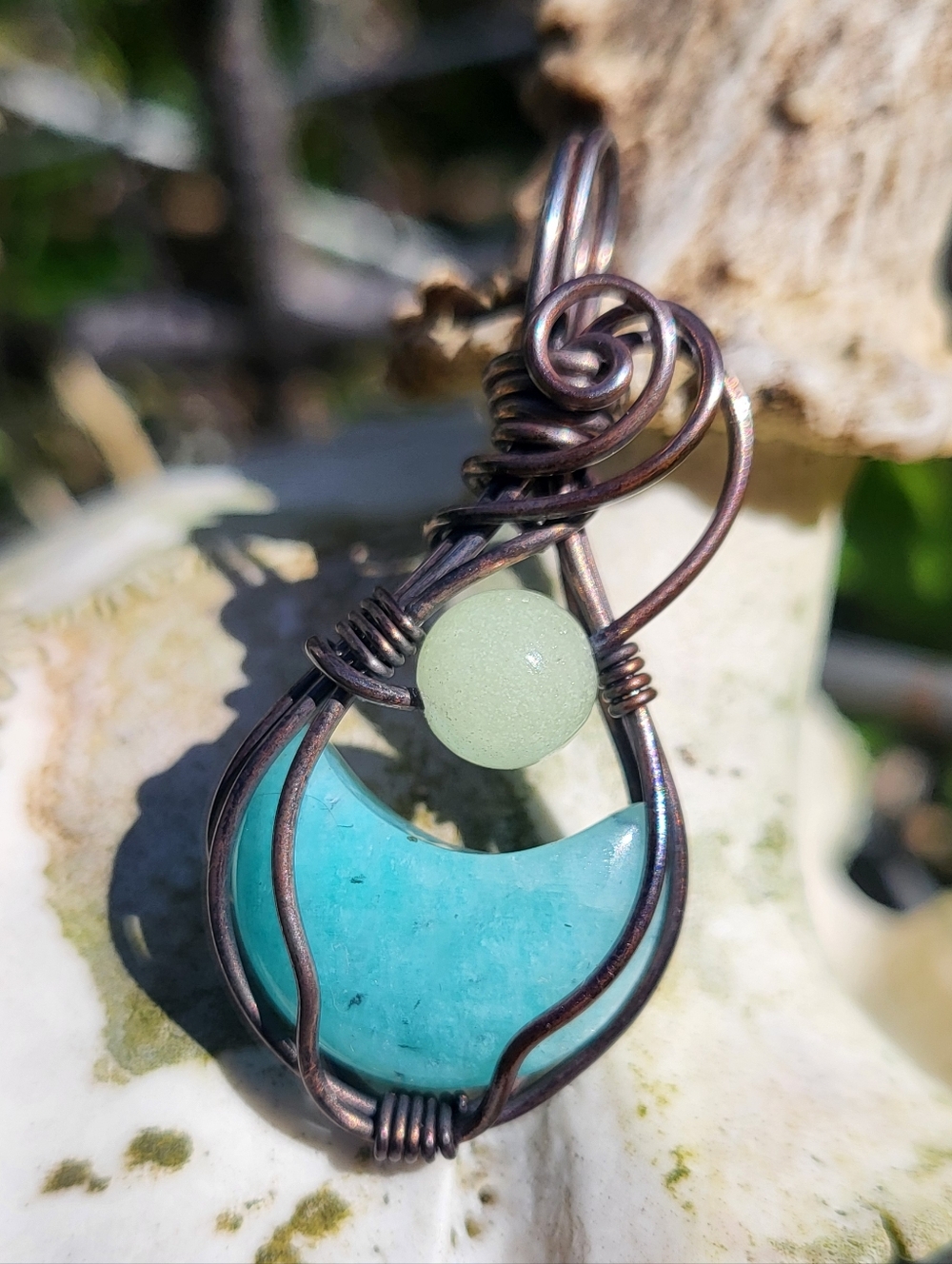 Amazonite Moon & Green Glow Stone Pendant